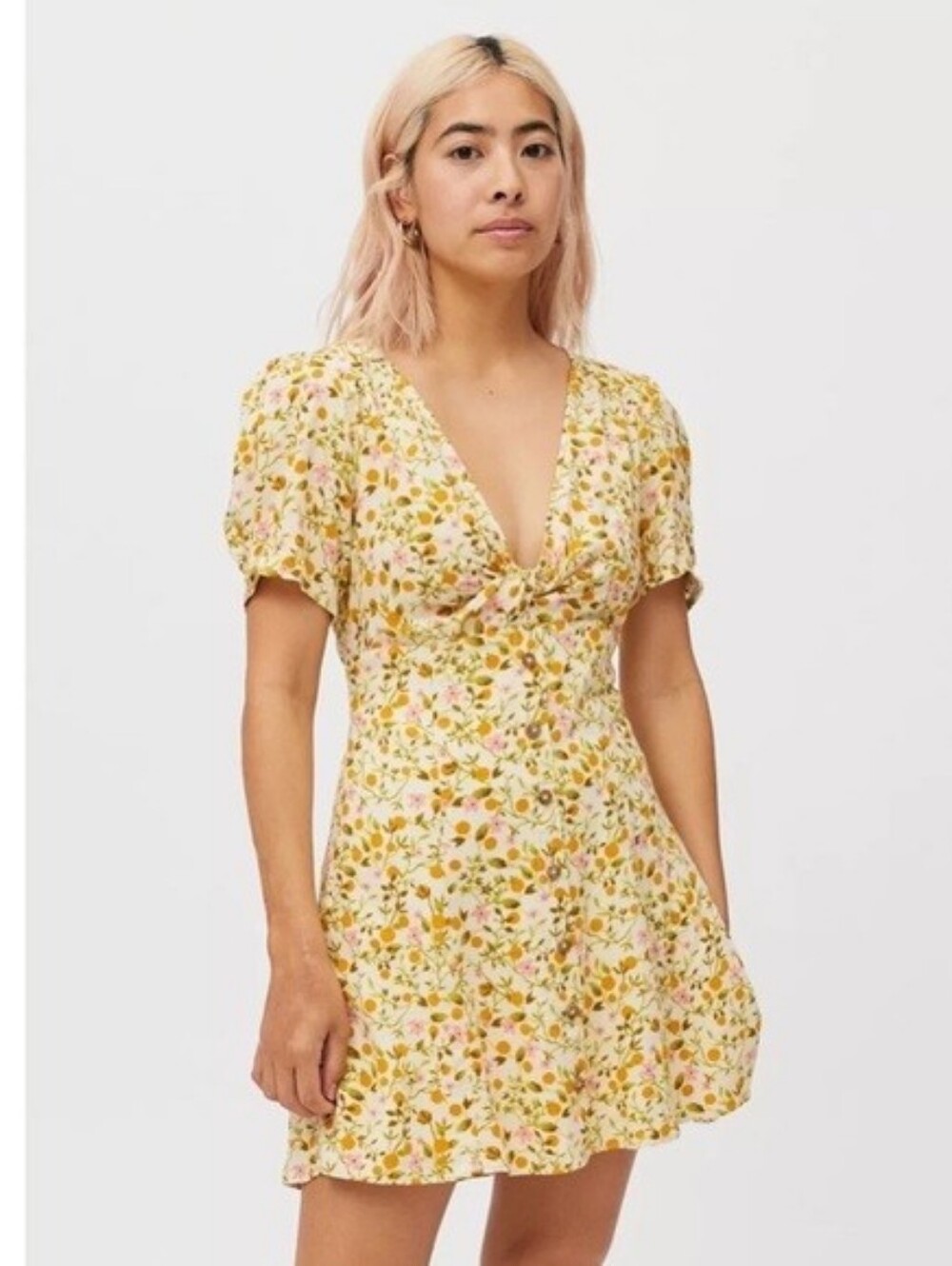 Urban Outfitters Floral V-Neck Twist Front Mini Dress - Yellow Floral Large